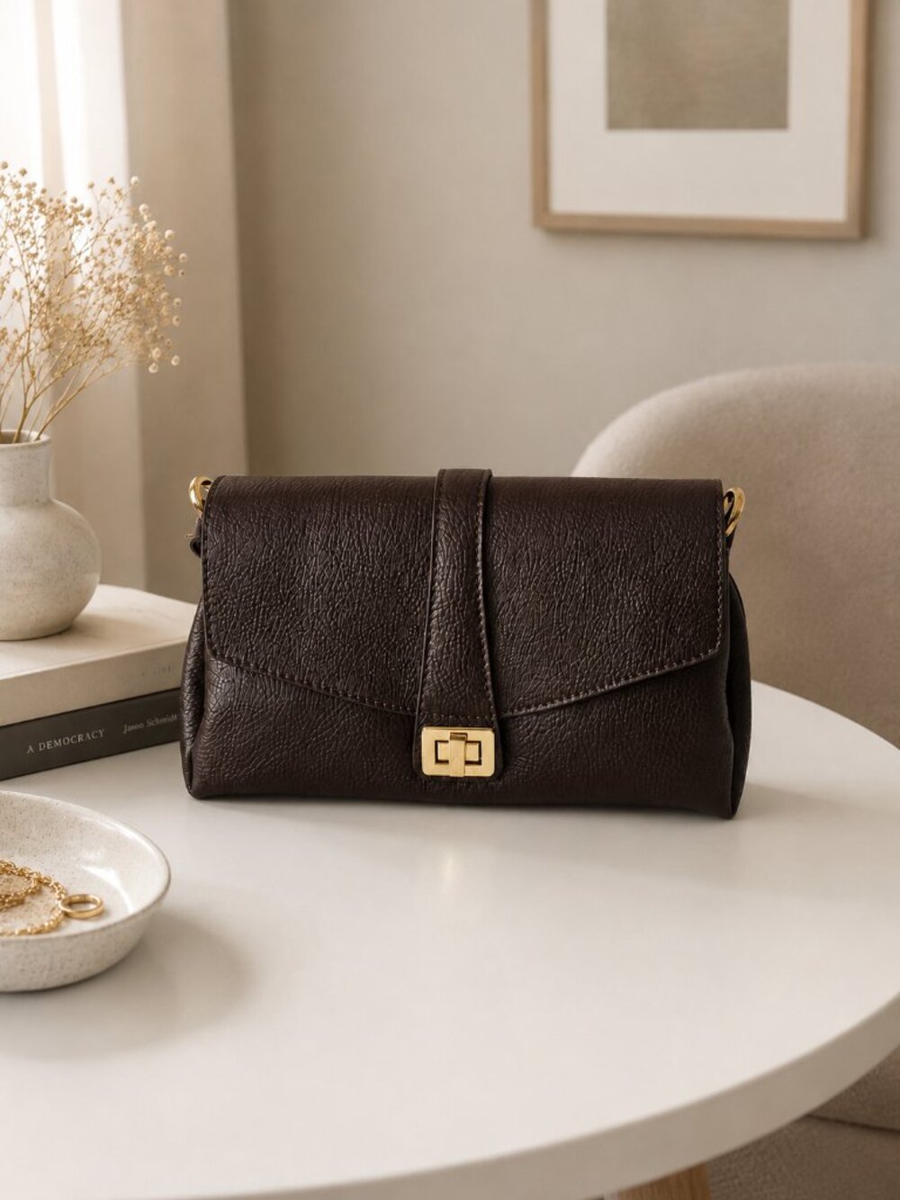 Dark Brown Italian Leather Crossbody Bag, Structured Shoulder Purse